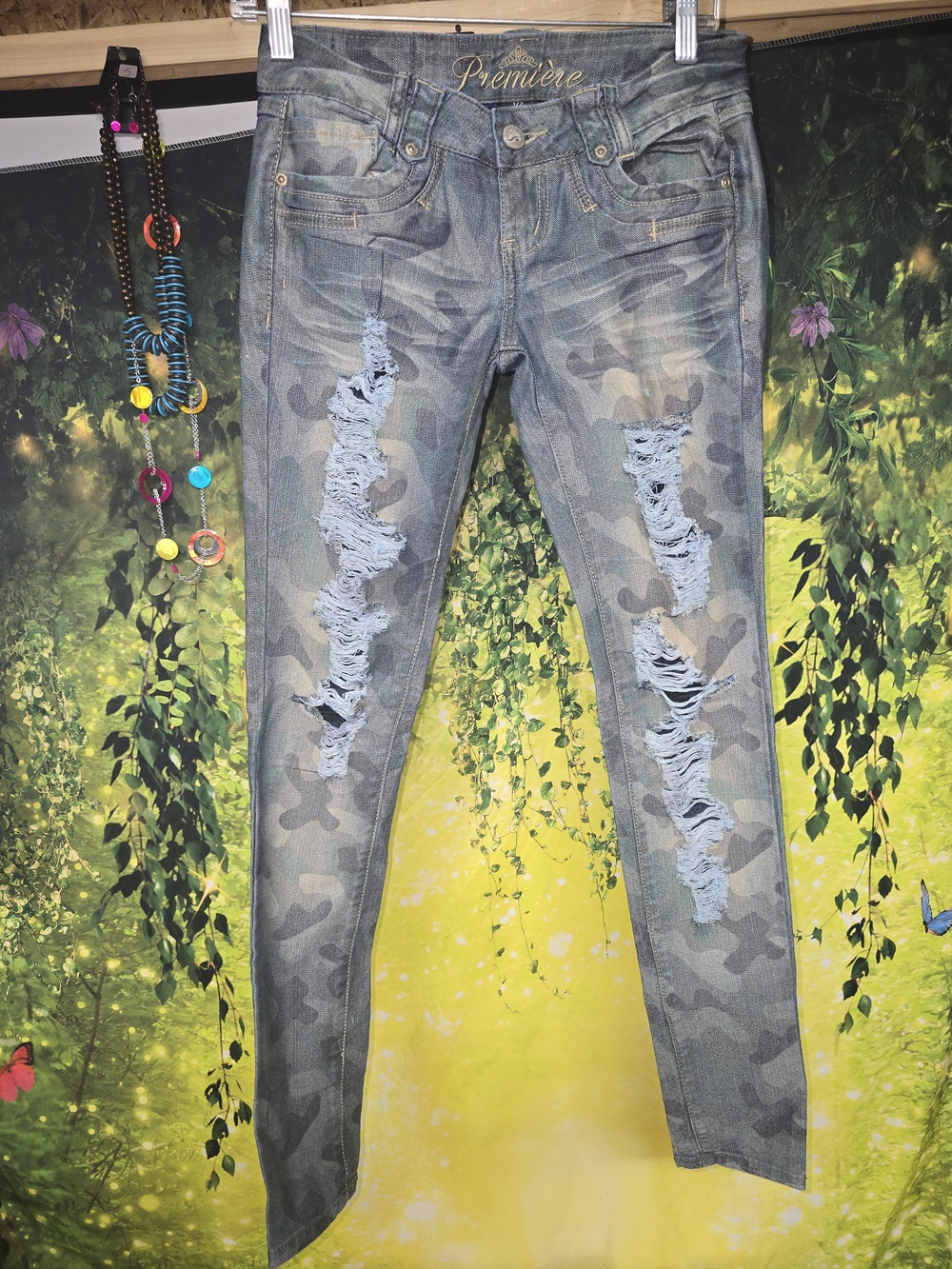 #169 Vintage Premier Women's Ripped Low-Rise Camo Skinny Jeans - Blue-Green Wash